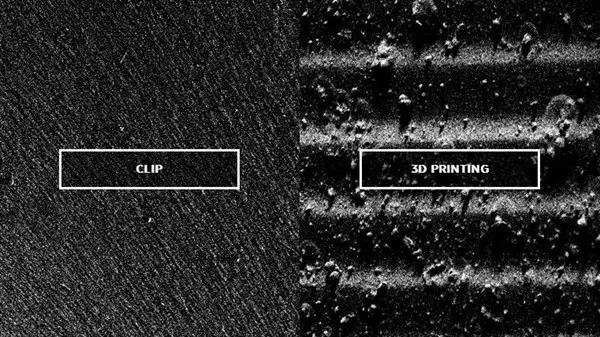显微镜下CLIP技术(左)与传统SLA 3D打印（右）对比