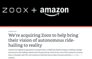 ?亚马逊宣布收购美国自动驾驶公司Zoox，收购价格或超过12亿美元